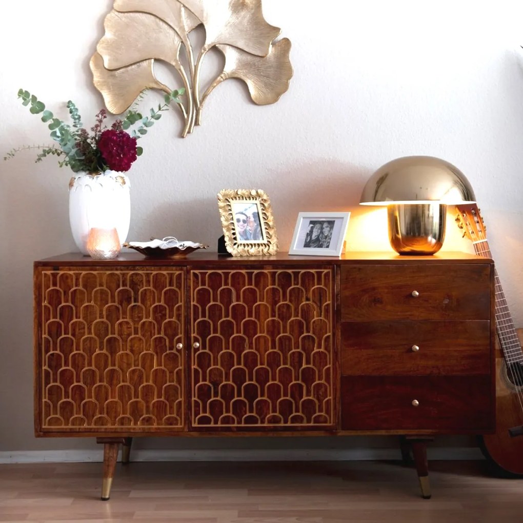 Retro Dressoir Mangohout Goud - 145x45x75cm.