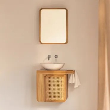 Georgy Zwevend Badkamermeubelset Van Teakhout Teakhout & Rond Cement Wit Ø40 Cm Zavion & Rechthoekig Met Afgeronde Hoeken En Opbergruimte 45x60 -