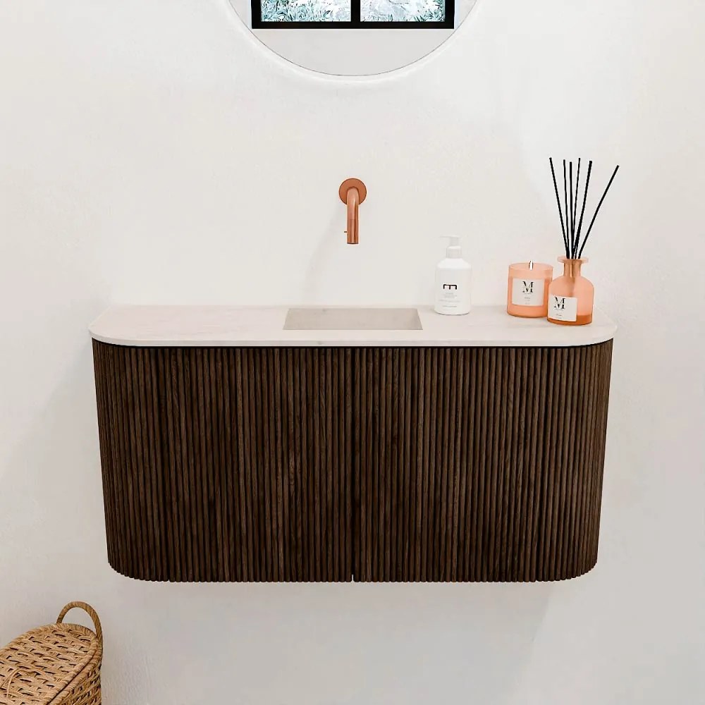 Mondiaz Joya DLux 85cm toiletmeubel ronding links/rechts walnut met wastafel faye midden zonder kraangat meli