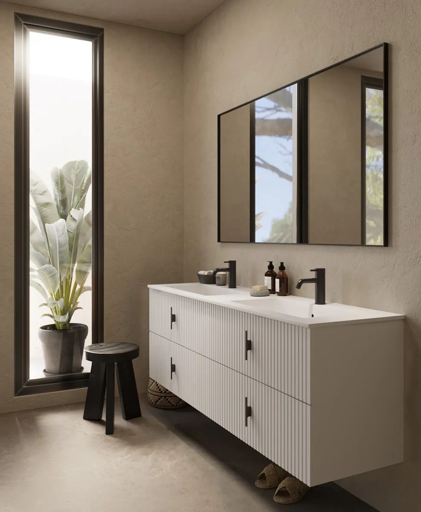 Muebles Avila badmeubel ribbelfront 160cm wit mat met dubbele wastafel met kraangaten