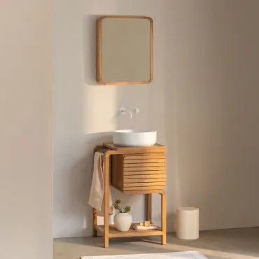 Bradley Teakhouten Badkamermeubelset Rond Keramiek Wit Ø40 Cm Lenka & Rechthoekig Met Afgeronde Hoeken En Opbergruimte 45x60 Cm Ian & Wit Ingebed -