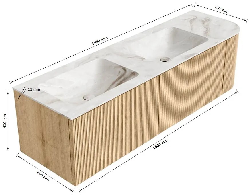 Mondiaz Kurve-dlux 155cm badmeubel ronding rechts shadow met 2 lades en 1 deur en wastafel leaf dubbel/links 2 kraangaten glace