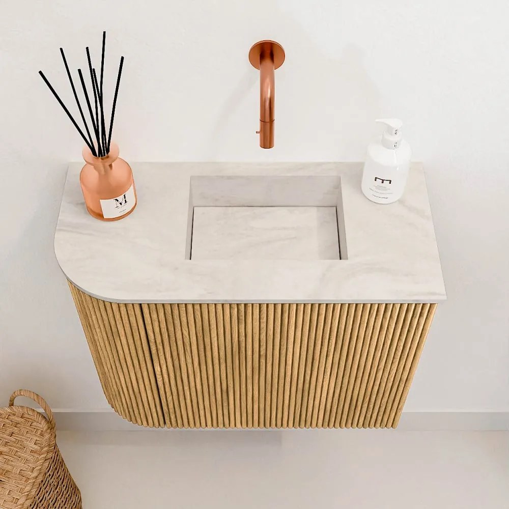 Mondiaz Joya DLux 50cm toiletmeubel ronding links oak met wastafel faye rechts zonder kraangat ostra