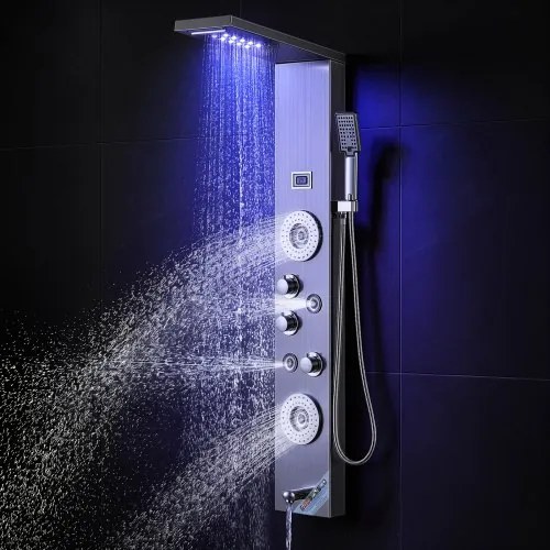 VEVOR Douchepaneelsysteem, 6 douchestanden, LED- en display-douchepaneeltoren, regenval, waterval, 4 lichaamsmassagejets, baduitloop, handdouche, 149 cm slang, wandgemonteerde doucheset
