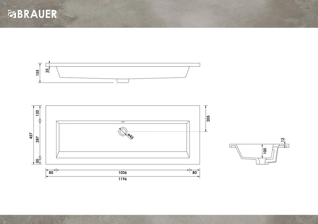 Brauer Solar Slim wastafel mineraalmarmer 120cm zonder kraangat wit glans