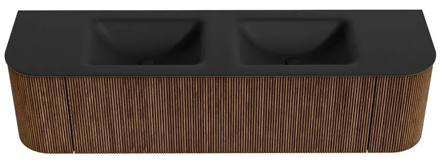Mondiaz Kurve 170cm badmeubel ronding links/rechts walnut met 1 lade en 2 deuren en wastafel cloud dubbel zonder kraangat urban