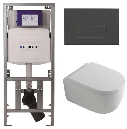 QeramiQ Dely Swirl Toiletset - 36.3x51.7cm - Geberit UP320 Burda inbouwreservoir - 35mm zitting - bedieningsplaat antraciet mat - rechthoekige knoppen - wit glans 0701131/SW1102377/SW1000767/SW1026256