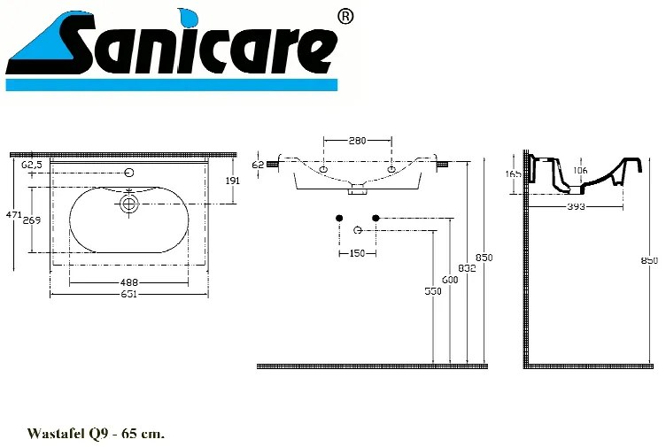 Sanicare Q9 keramische wastafel 65x47cm wit