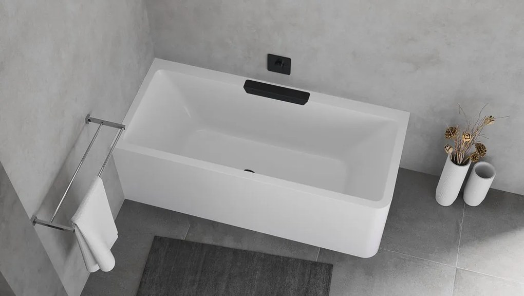 Polysan Monolith Cascata links half vrijstaand bad met zwarte waterval uitloop 180x80cm