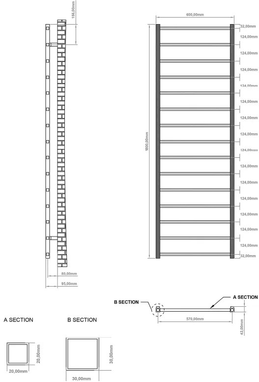 Eastbrook Tuscan Square handdoekradiator 60x180cm 789W antraciet