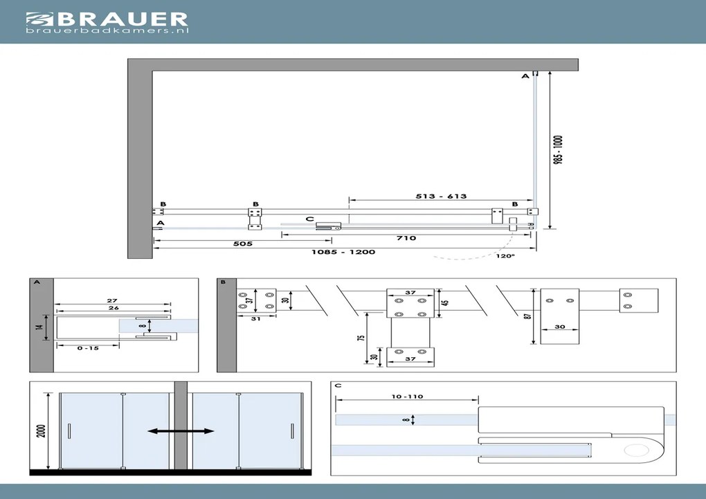 Brauer Stellar douchecabine met draaideur 120x100cm RVS geborsteld PVD