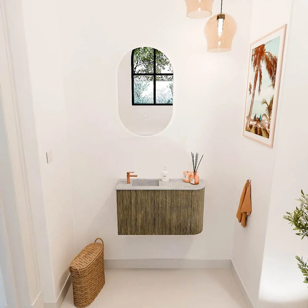 Mondiaz Joya DLux 70cm toiletmeubel ronding rechts dusk met wastafel faye links 1 kraangat glace