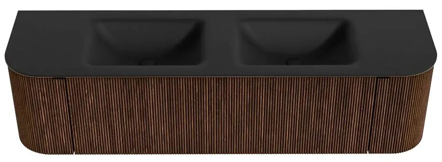 Mondiaz Kurve 170cm badmeubel ronding links/rechts walnut met 1 lade en 2 deuren en wastafel cloud dubbel zonder kraangat urban