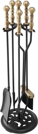 VEVOR Haardgereedschapset, 5-delige kachelgereedschapset, vijfpuntige standaard, tang, asschep, borstel, pook, smeedijzeren haardaccessoires voor binnen- en buitengebruik, zwart en messing