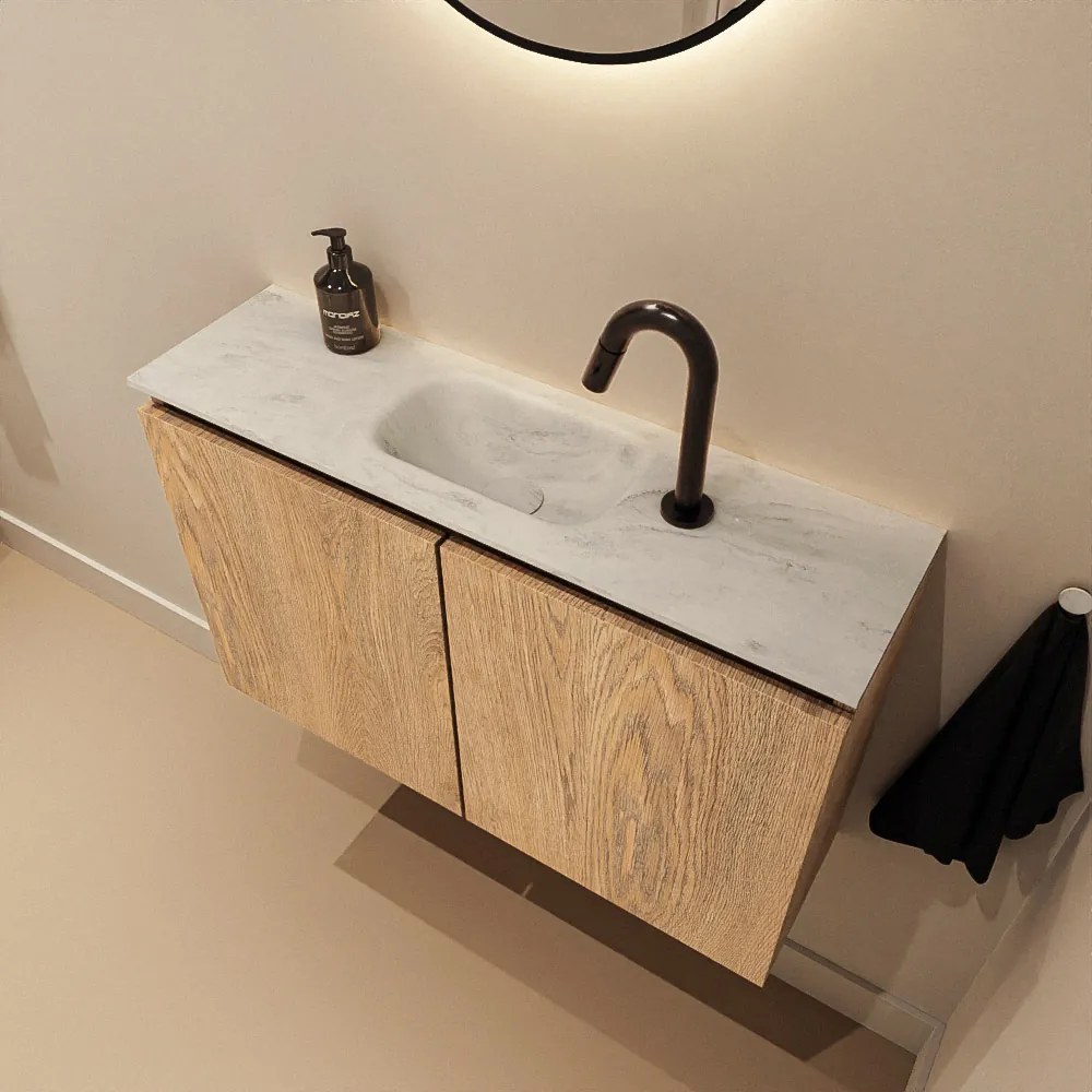 Mondiaz Ture DLux toiletmeubel 80cm washed oak met wastafel opalo midden met kraangat