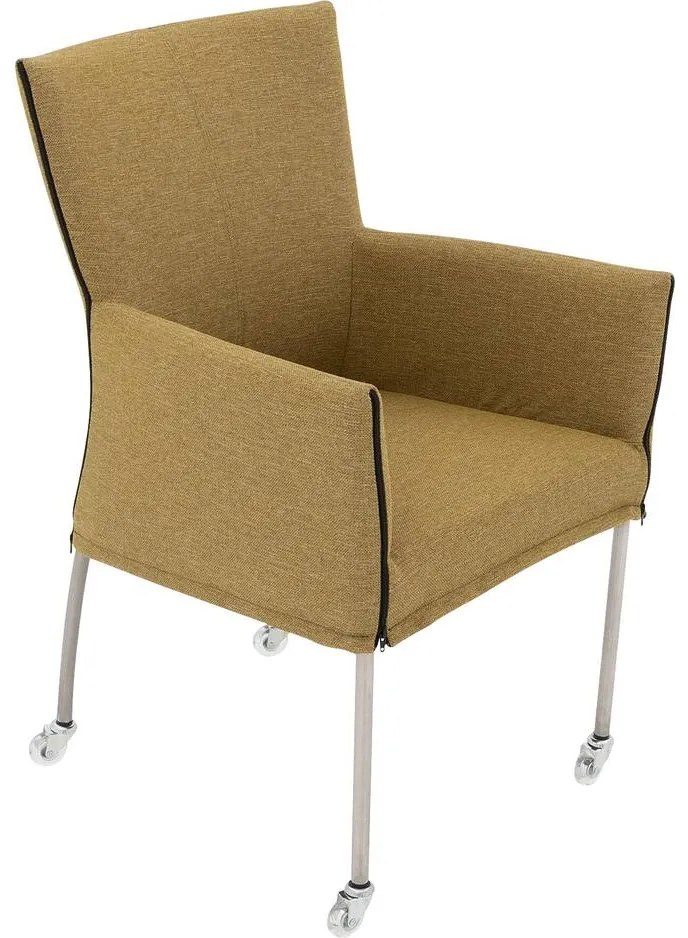 Goossens Eetkamerstoel Funk RVS Poten groen stof met armleuning en Transparant skater wiel met rvs kapmet wielen, modern design