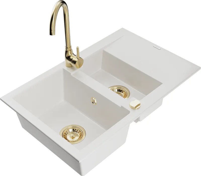 Mexen Gaspar granieten spoelbak 1,5-komor met afdruiprek en Telma keukenkraan, wit - 6507-20-670200-50