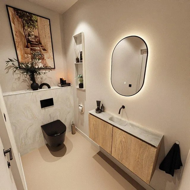 MONDIAZ TURE-DLUX 100cm toiletmeubel Washed Oak. EDEN wastafel Ostra positie midden. Zonder kraangat. TUREDX100WASM0OST