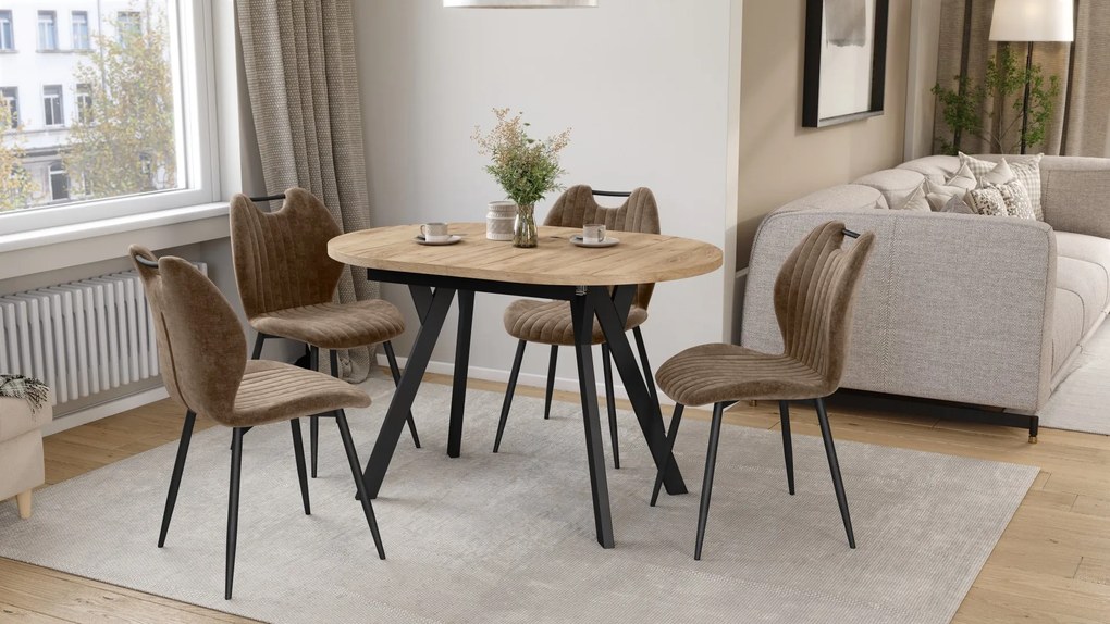 Mazzoni ALMO Craft Eiken Goud / zwarte poten - OVALE UITSCHUIFTAFEL 120-220 cm VOOR 10-12 PERSONEN