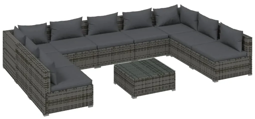vidaXL 10-delige Loungeset met kussens poly rattan grijs