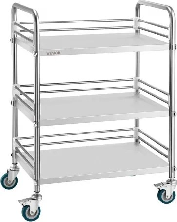 VEVOR roestvrijstalen trolley, 3-laags rolwagen voor laboratorium en keuken met vergrendelbare wielen, serveerwagen voor medische faciliteiten, mobiel serveerblad voor ziekenhuizen, restaurants en keukens.