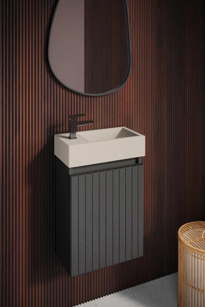 Fontana Crest toiletmeubel ribbelfront mat zwart 40x22cm met beige fontein links