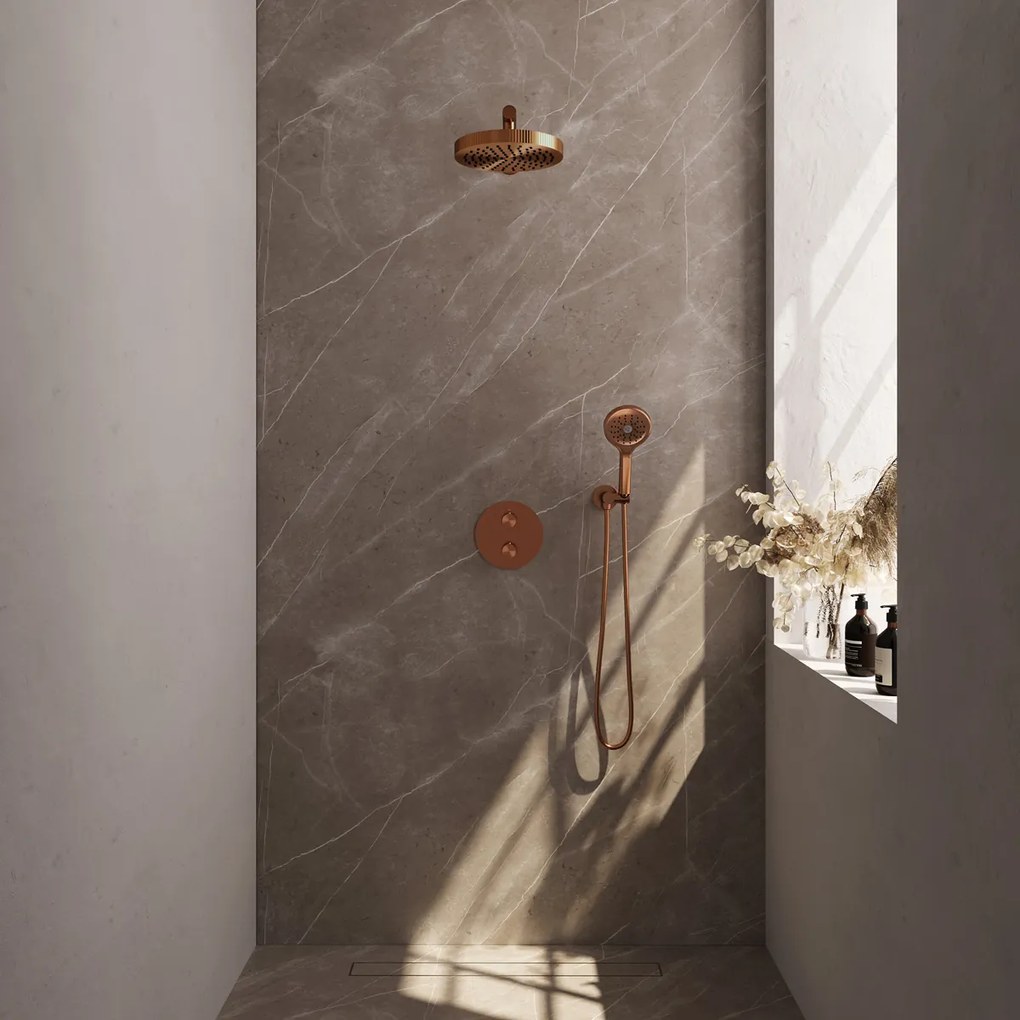 Brauer Stripe inbouw regendouche rond met 25cm hoofddouche, rechte muurarm en 3 standen handdouche set 40 koper geborsteld PVD