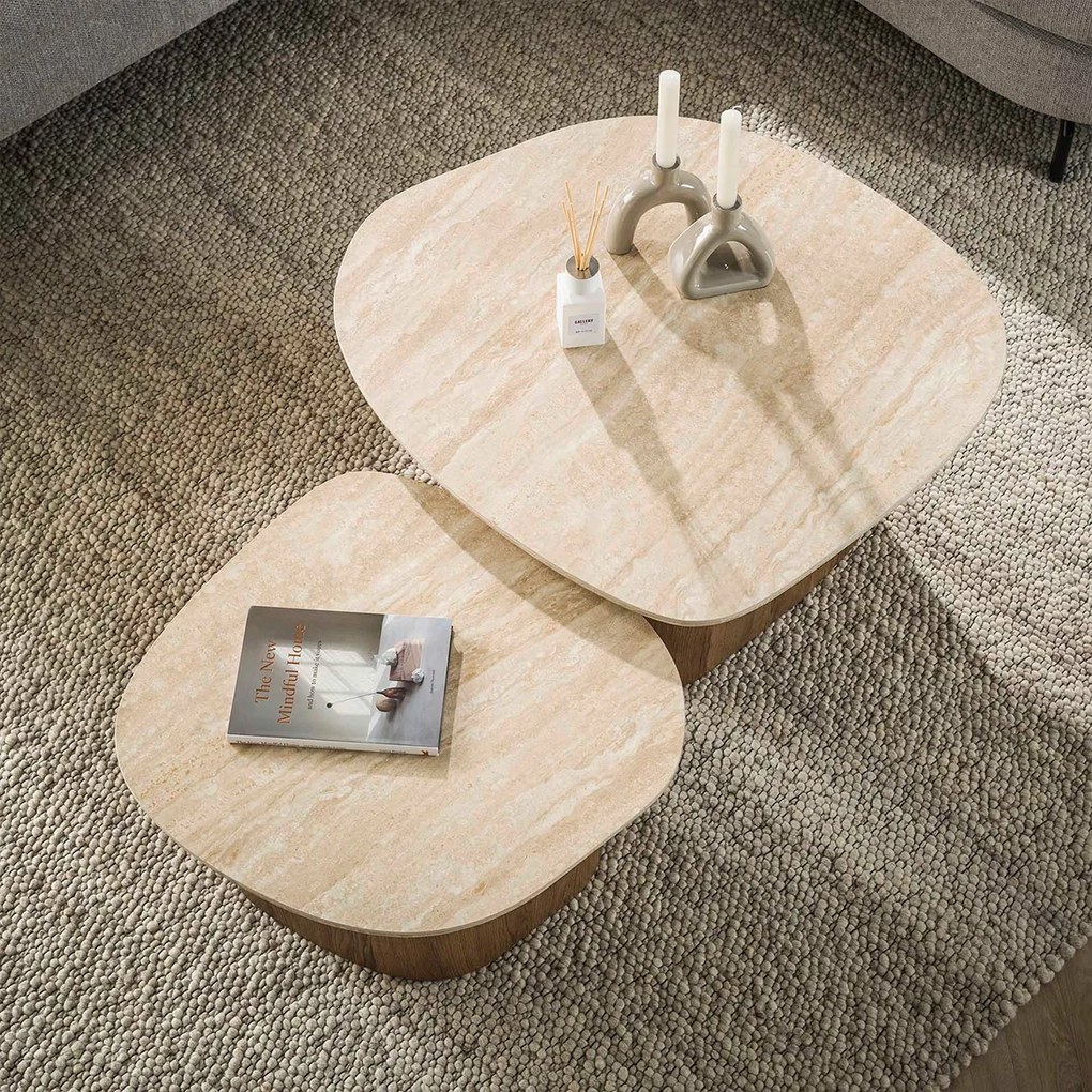 Salontafelset Travertin En Hout - 85 X 79cm.