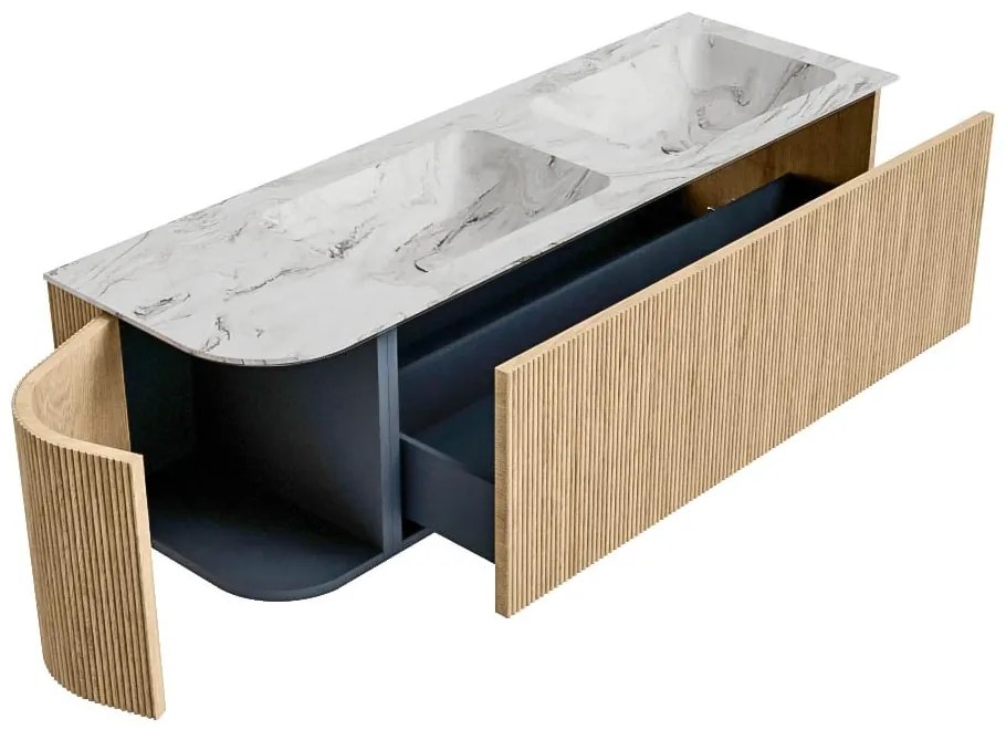 Mondiaz Kurve-dlux 145cm badmeubel ronding links oak met 1 lade en deur en wastafel leaf dubbel/rechts zonder kraangat glace