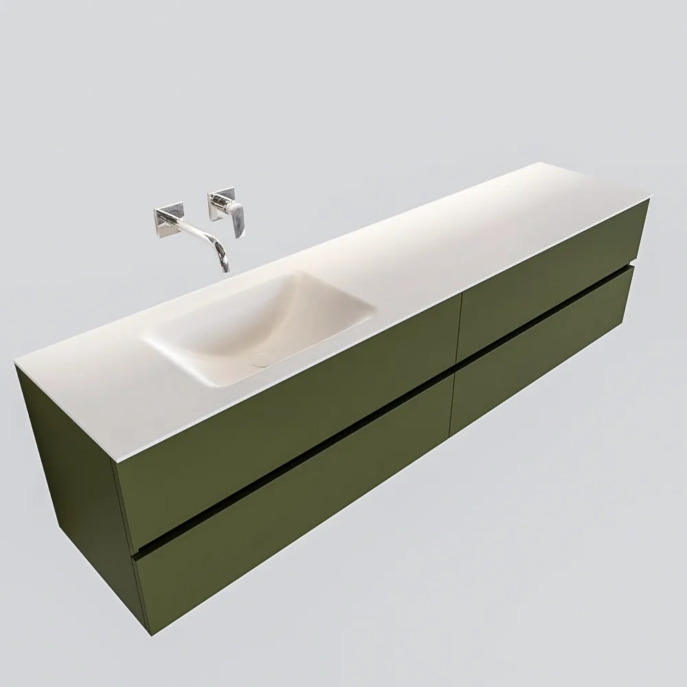 Zaro Valencia Solid Surface badmeubel 200cm mat army groen zonder kraangat spoelbak links met 4 lades