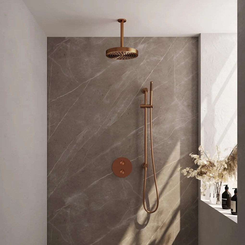 Brauer Stripe inbouw regendouche rond met 25cm hoofddouche, rond met plafondarm, glijstang en staafhanddouche set 45 koper geborsteld PVD
