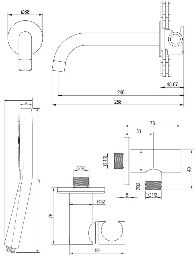 Brauer Gunmetal Carving thermostatische inbouw badkraan met uitloop en 3 standen handdouche set 4 gunmetal geborsteld PVD