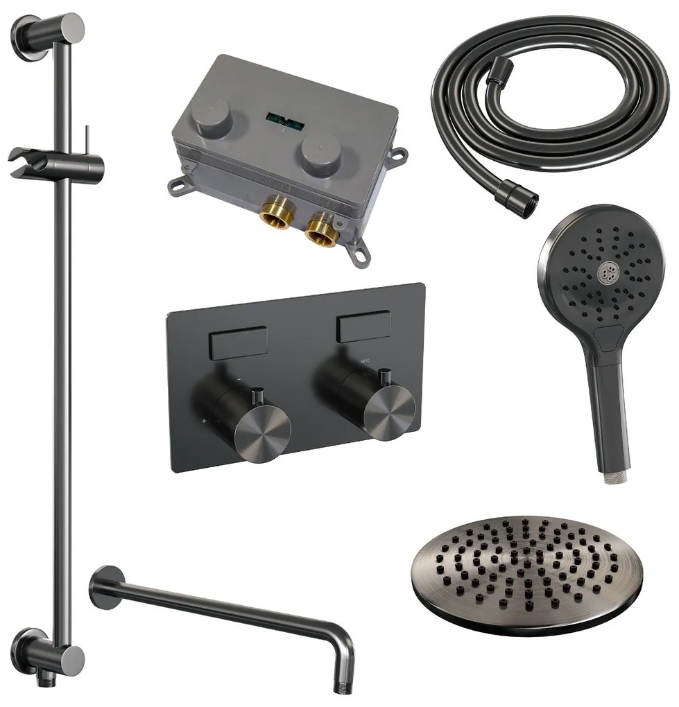 Brauer Gunmetal Edition thermostatische inbouw regendouche met 3 standen handdouche, gebogen muurarm, glijstang en hoofddouche 20cm set 69 gunmetal geborsteld PVD