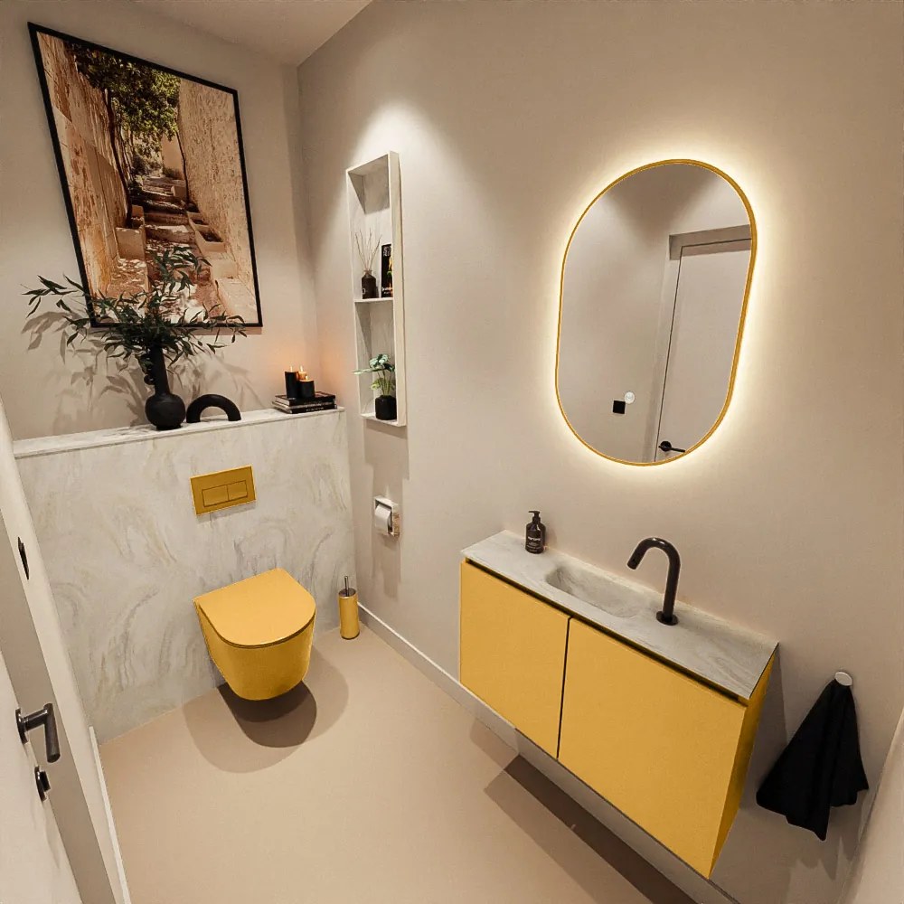 Mondiaz Ture DLux toiletmeubel 80cm ocher met wastafel ostra midden met kraangat