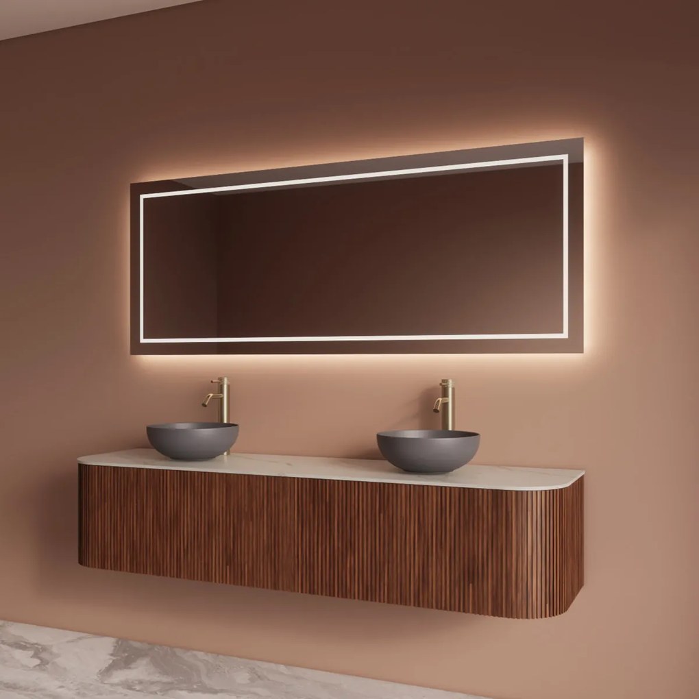 Gliss Design Alluro badmeubel ribbelfront met ronding links/rechts 180cm walnut en wit marmer toppaneel