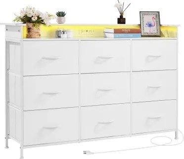 VEVOR ladekast met 9 lades en stoffen opbergvakken, ladekast met stevig metalen frame, led-verlichting en geïntegreerd stopcontact, stoffen opbergtoren voor slaapkamer, gangkast, wit