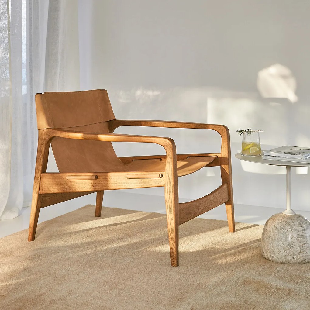 Fauteuil in massief eik en leer, Alberto