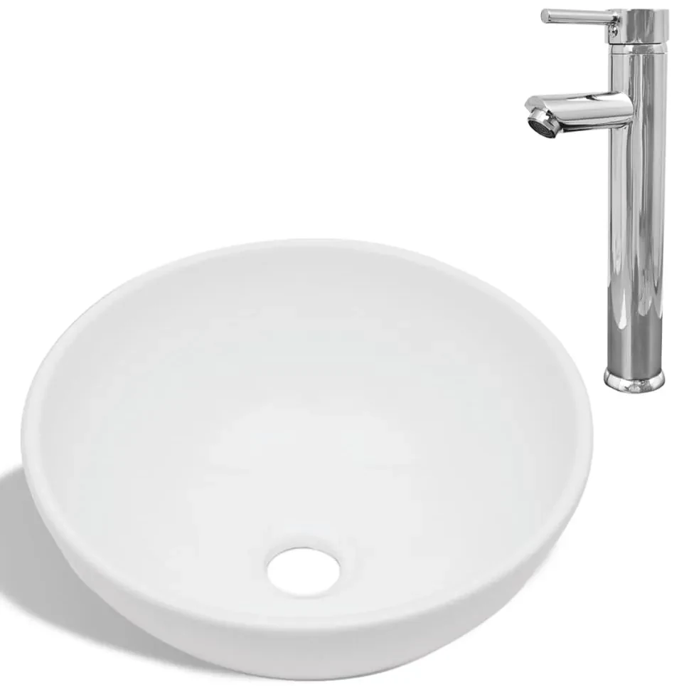 vidaXL Badkamerwastafel met mengkraan rond keramiek wit