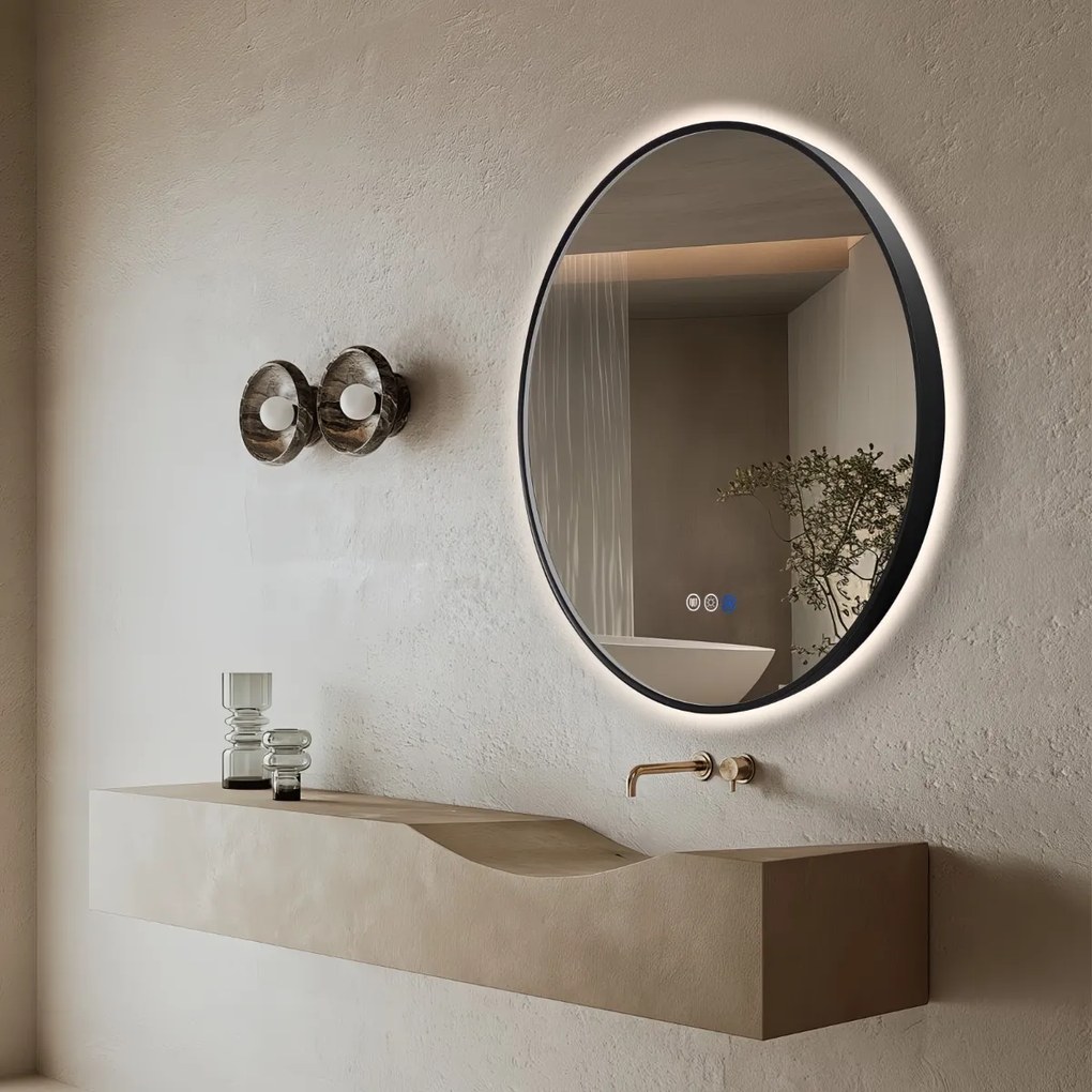 Saniclear Circle Black ronde spiegel met verwarming, direct en indirect licht mat zwart 90cm