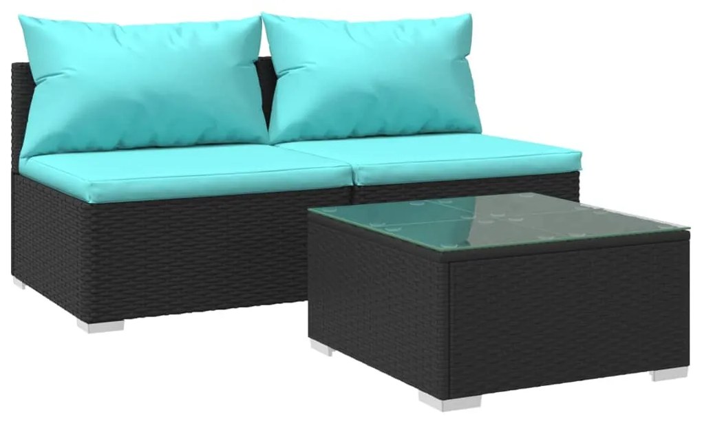 vidaXL 3-delige Loungeset met kussens poly rattan zwart