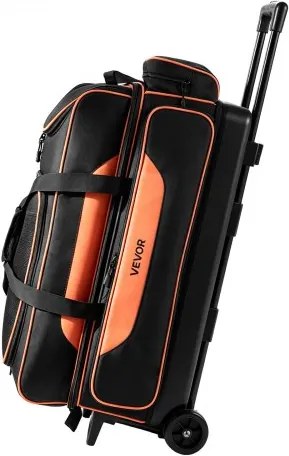VEVOR bowlingtas met wielen voor 3 ballen, 600D Oxford, oranje/zwart, voor schoenen tot maat 16 (VS) en accessoires, met telescopische handgreep (tot 1016 mm), dubbellaagse trays en versterkte naden.