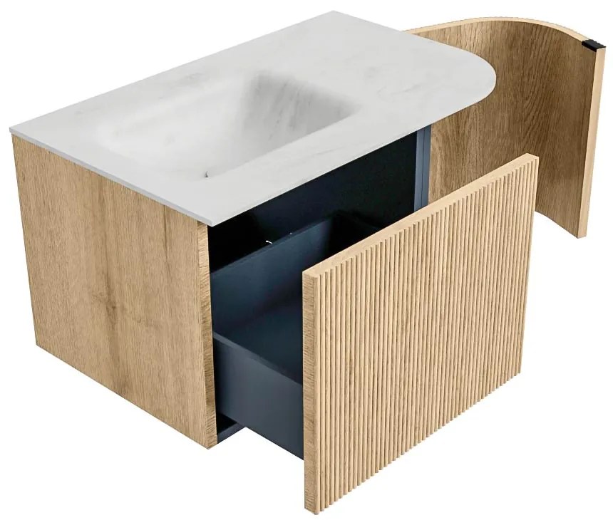 Mondiaz Kurve-dlux 75cm badmeubel ronding rechts oak met 1 lade en deur en wastafel grunne kraangat links opalo