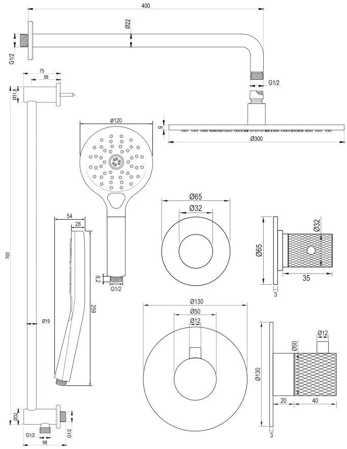 Brauer Gunmetal Carving complete inbouw regendouche set 22 met 30cm douchekop, gebogen muurarm, 3 standen handdouche en glijstang gunmetal geborsteld PVD