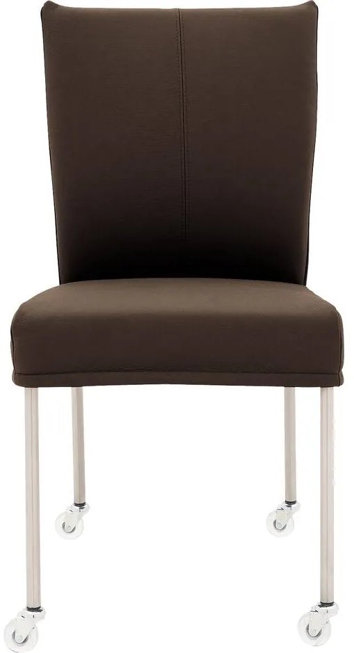 Goossens Eetkamerstoel Funk RVS Poten bruin leer leuning en Transparant skater wiel met rvs kapmet wielen, modern design