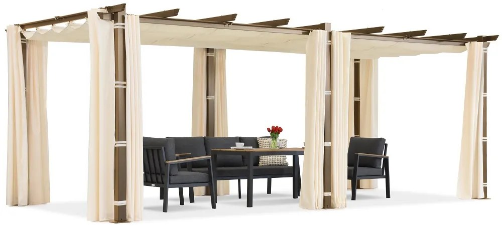 Barbados terraspergola 3x6 m met Garden Point houtachtig-beige gordijnen