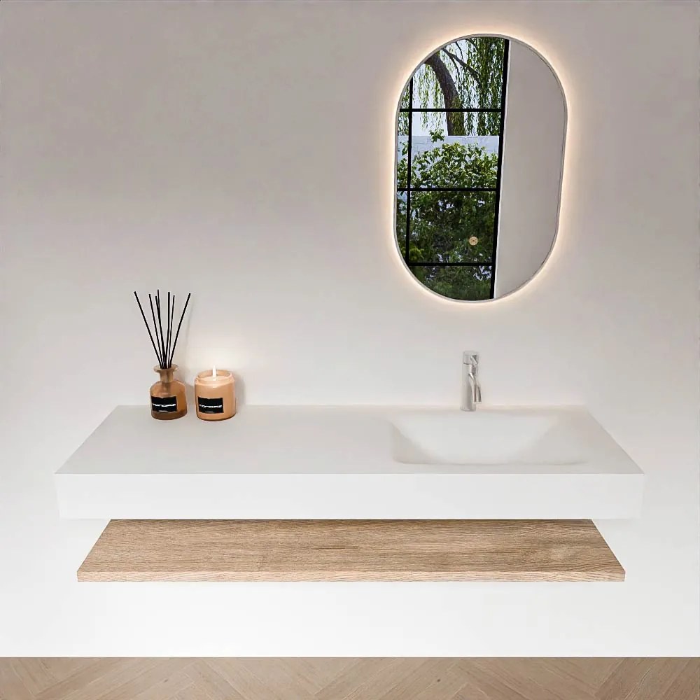 Zaro Alan badmeubel 140cm met planchet washed oak en vrijhangende wastafel cloud rechts 1 kraangat talc