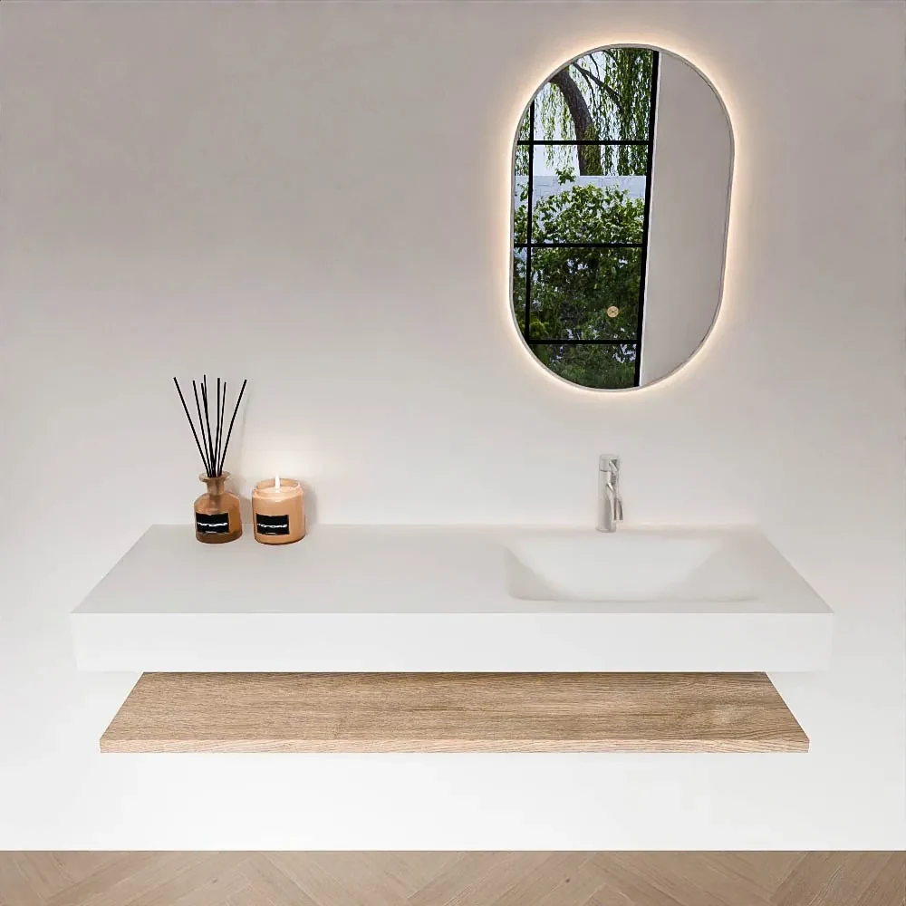 Zaro Alan badmeubel 140cm met planchet washed oak en vrijhangende wastafel cloud rechts 1 kraangat talc