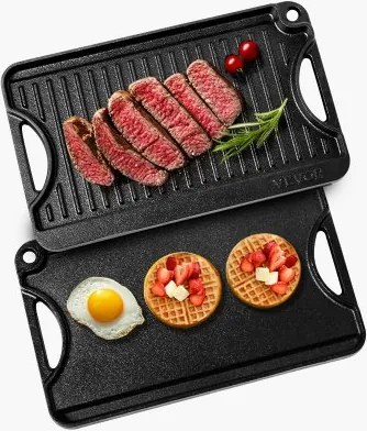 VEVOR gietijzeren omkeerbare grillpan (185 x 342 mm), draagbare rechthoekige barbecuepan met handvat, kookgerei voor op het fornuis, binnen- en buitengrill, zwart