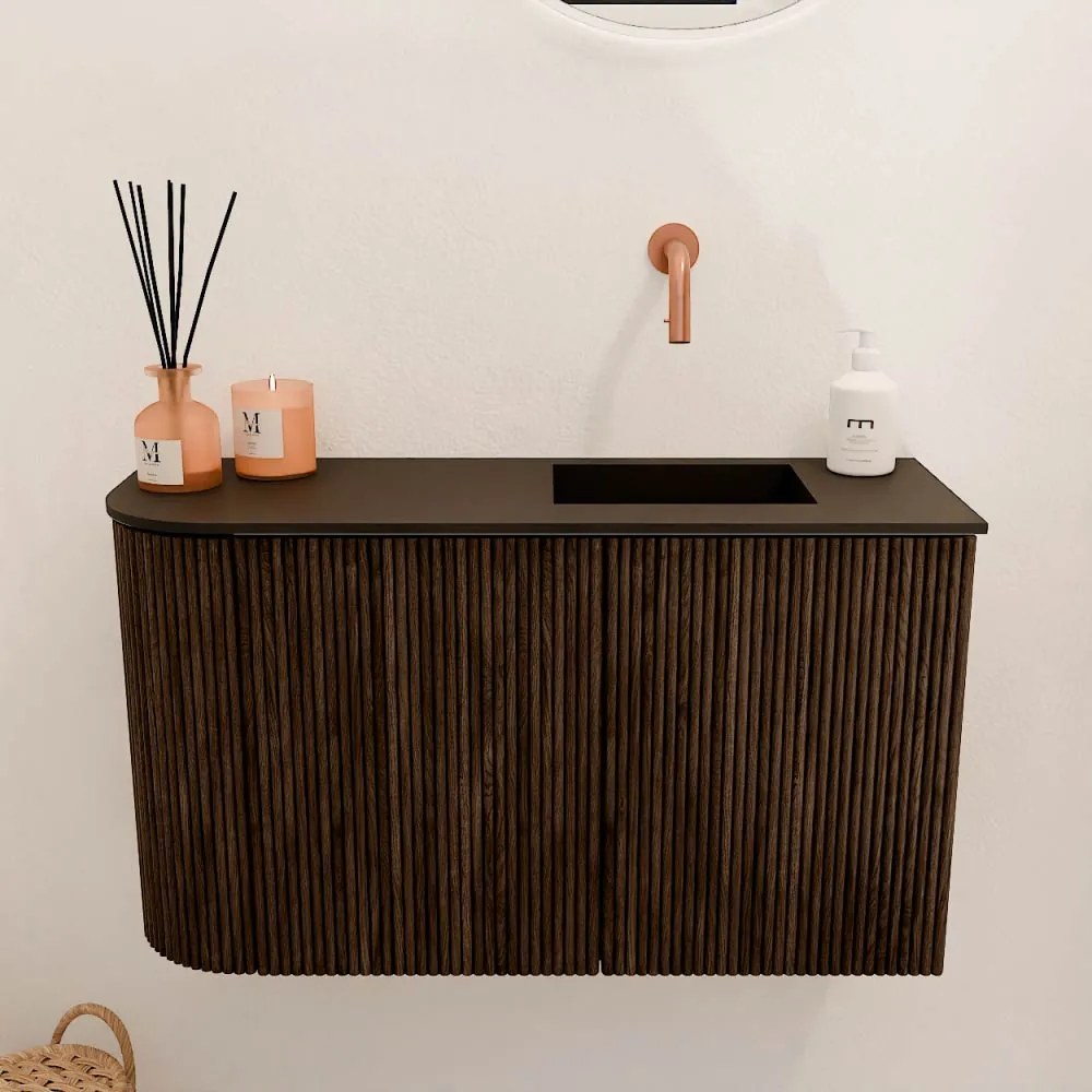 Mondiaz Joya 70cm toiletmeubel ronding links walnut met wastafel faye rechts zonder kraangat urban