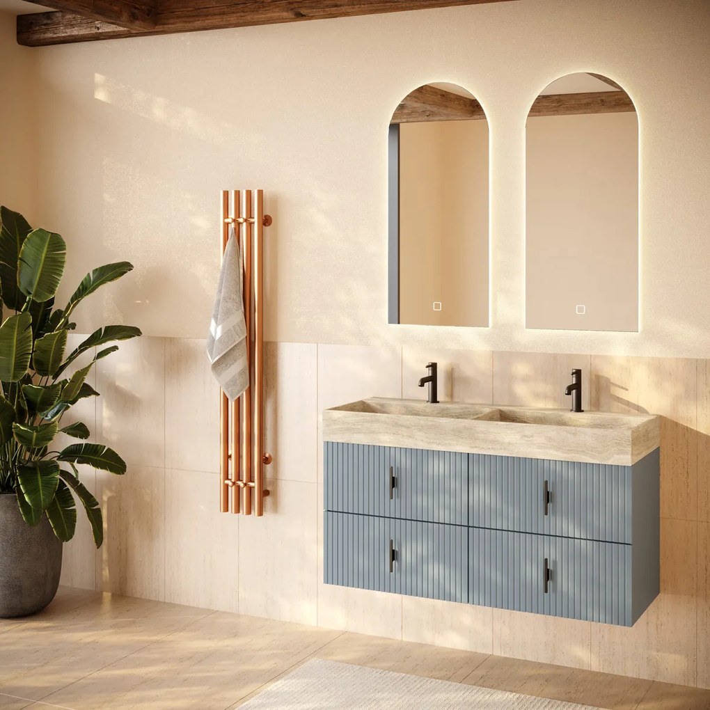 Muebles Murcia badmeubel ribbelfront 120cm baby blauw met White Travertin wastafel met kraangaten